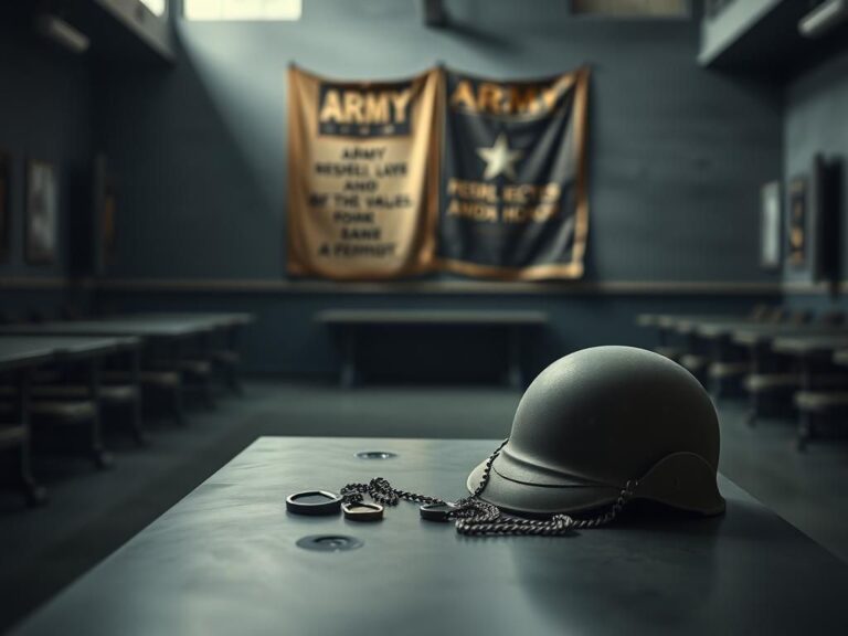 Flick International A somber military desk with a helmet and dog tags, symbolizing loss and reflection.