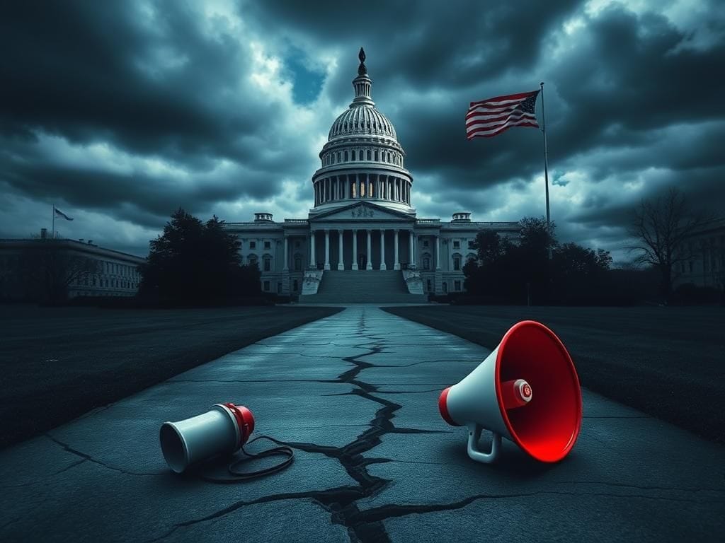 Flick International Abstract representation of a divided Capitol building under stormy skies