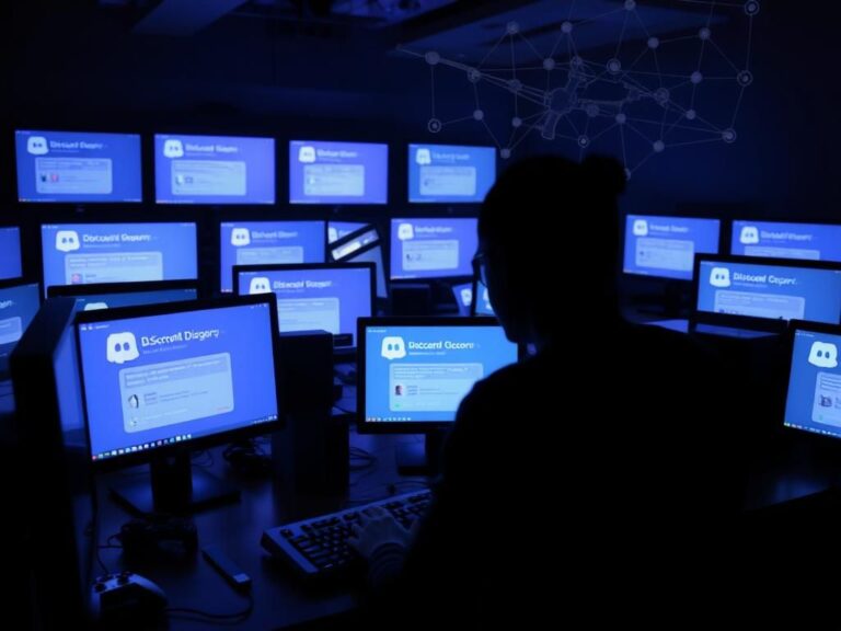 Flick International A dimly lit room with computer screens displaying the Discord messaging interface and shadowy figure's hands typing on a keyboard