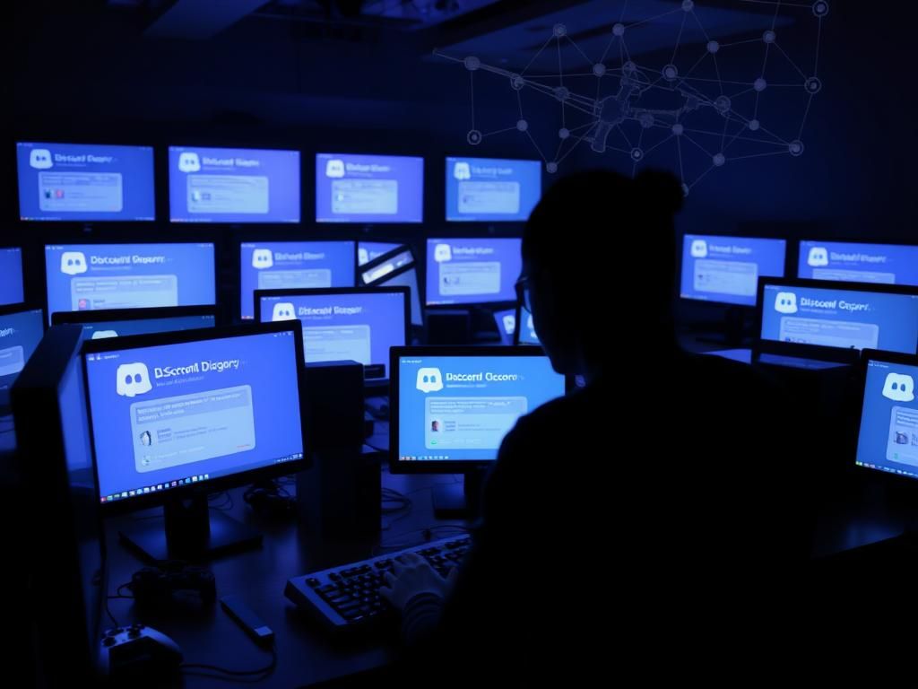 Flick International A dimly lit room with computer screens displaying the Discord messaging interface and shadowy figure's hands typing on a keyboard
