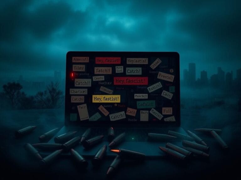 Flick International Dark, moody landscape depicting a shadowy internet realm with cryptic symbols and bullet casings