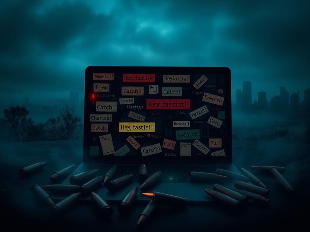 Flick International Dark, moody landscape depicting a shadowy internet realm with cryptic symbols and bullet casings