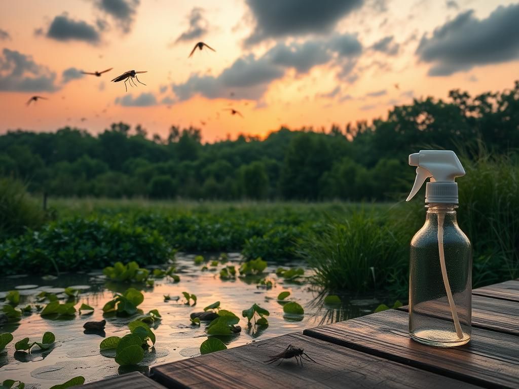 Flick International Tranquil summer landscape with a calm pond and potential mosquito breeding spots