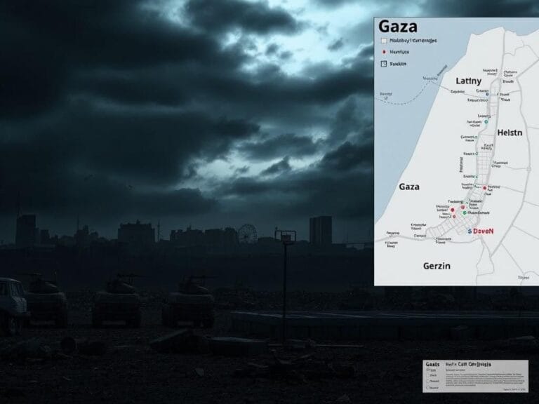 Flick International A war-torn city landscape with broken buildings and debris, representing conflict and turmoil.