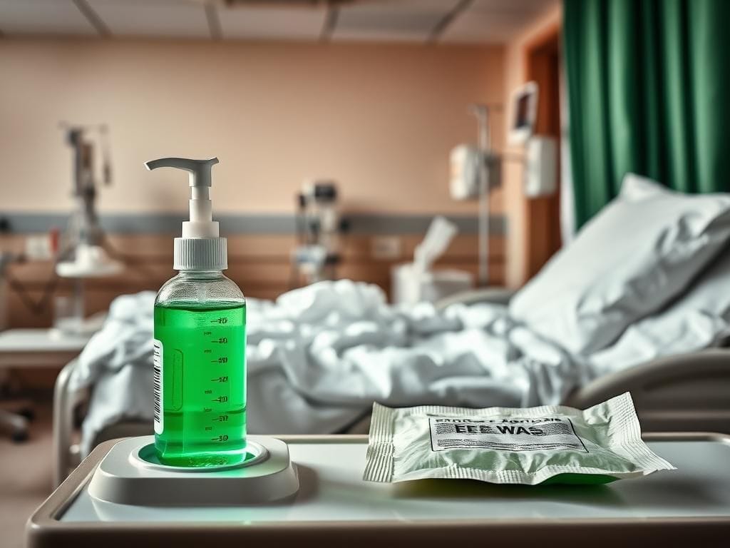 Flick International Hospital emergency room scene showcasing a medical eye wash station and empty hospital bed amid a calm atmosphere