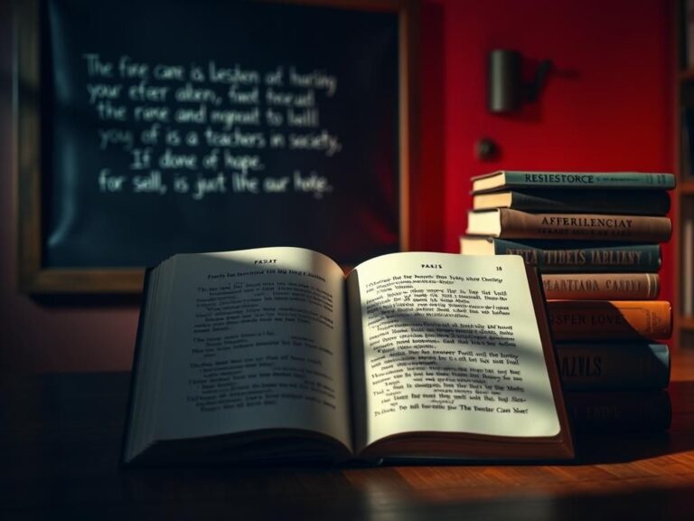 Flick International A dimly lit room featuring an open book on fascism and education on a wooden table