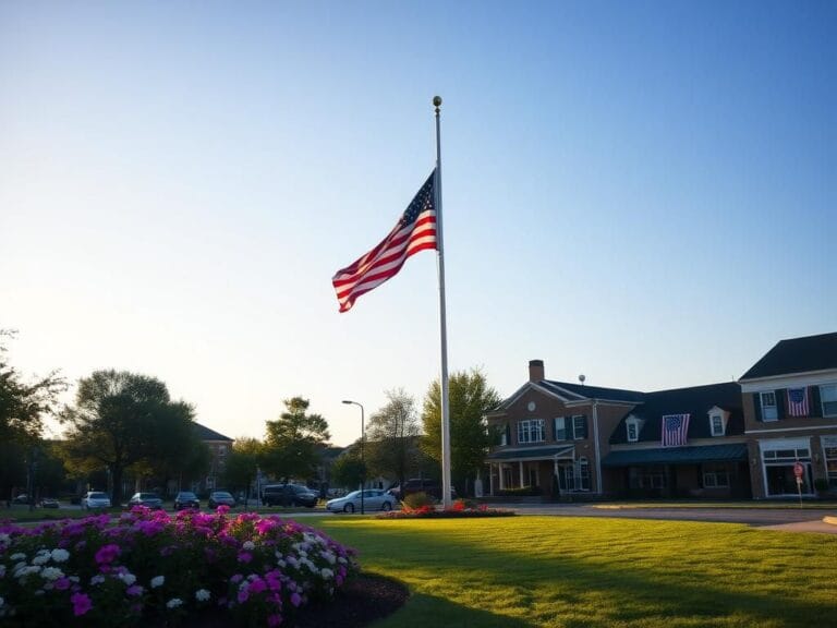 Flick International Serene New Jersey town square with an American flag at full staff against a clear blue sky
