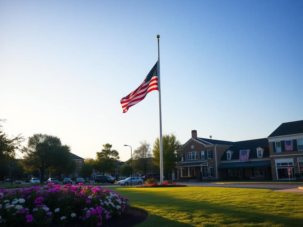 Flick International Serene New Jersey town square with an American flag at full staff against a clear blue sky