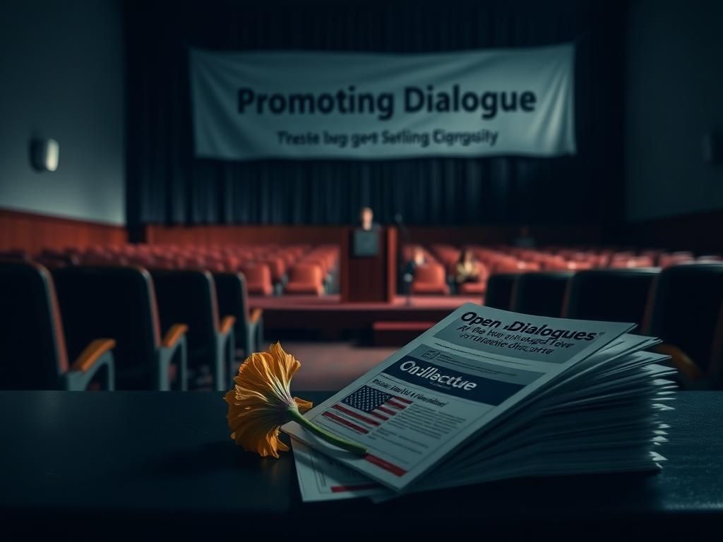 Flick International Dimly lit university auditorium with empty chairs and a podium, symbolizing loss and reflection