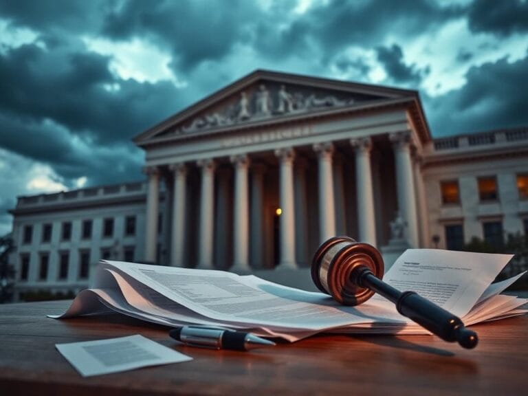 Flick International A dramatic view of the U.S. Justice Department building at dusk with dark clouds looming