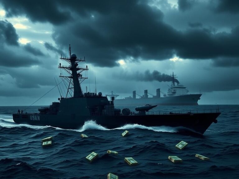 Flick International U.S. military naval vessel engaging in anti-narcotics operation in international waters under turbulent skies