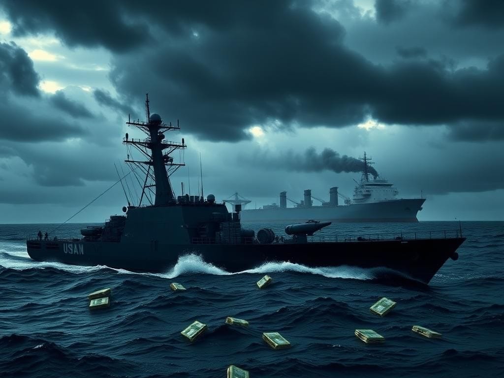 Flick International U.S. military naval vessel engaging in anti-narcotics operation in international waters under turbulent skies