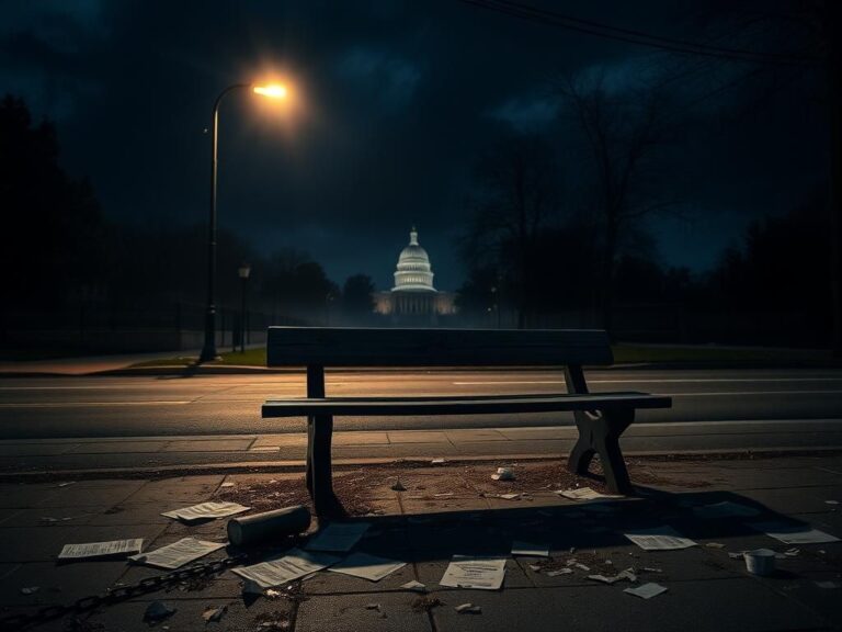 Flick International Dark street scene at dusk with a flickering streetlight and an empty wooden bench