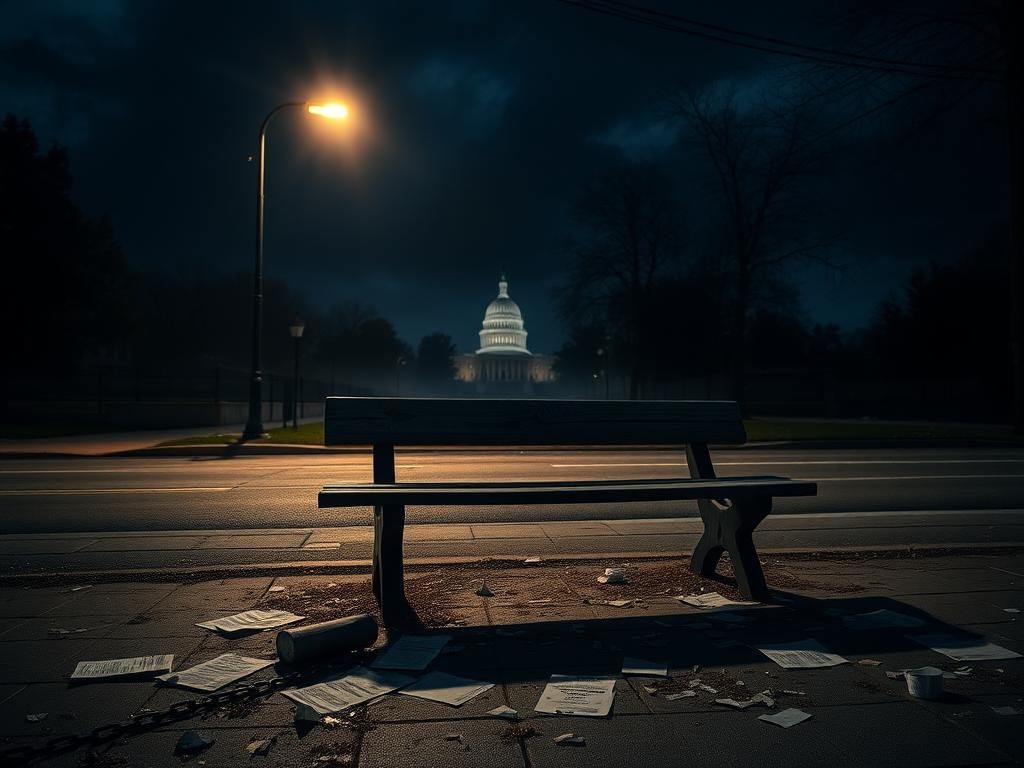 Flick International Dark street scene at dusk with a flickering streetlight and an empty wooden bench