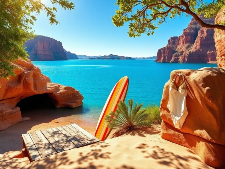 Flick International A picturesque lakeside scene with a rustic dock and colorful surfboard reflecting a joyful summer vibe.