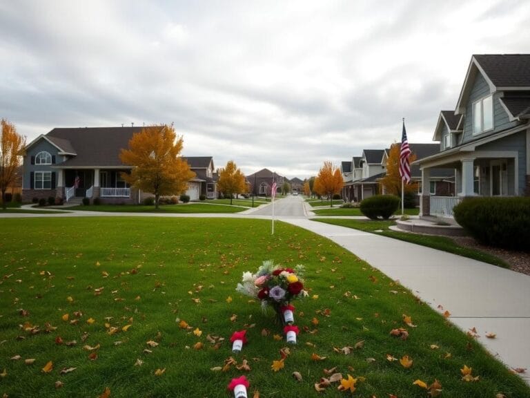 Flick International Serene suburban neighborhood in Washington County, Utah with autumn leaves and a front lawn memorial