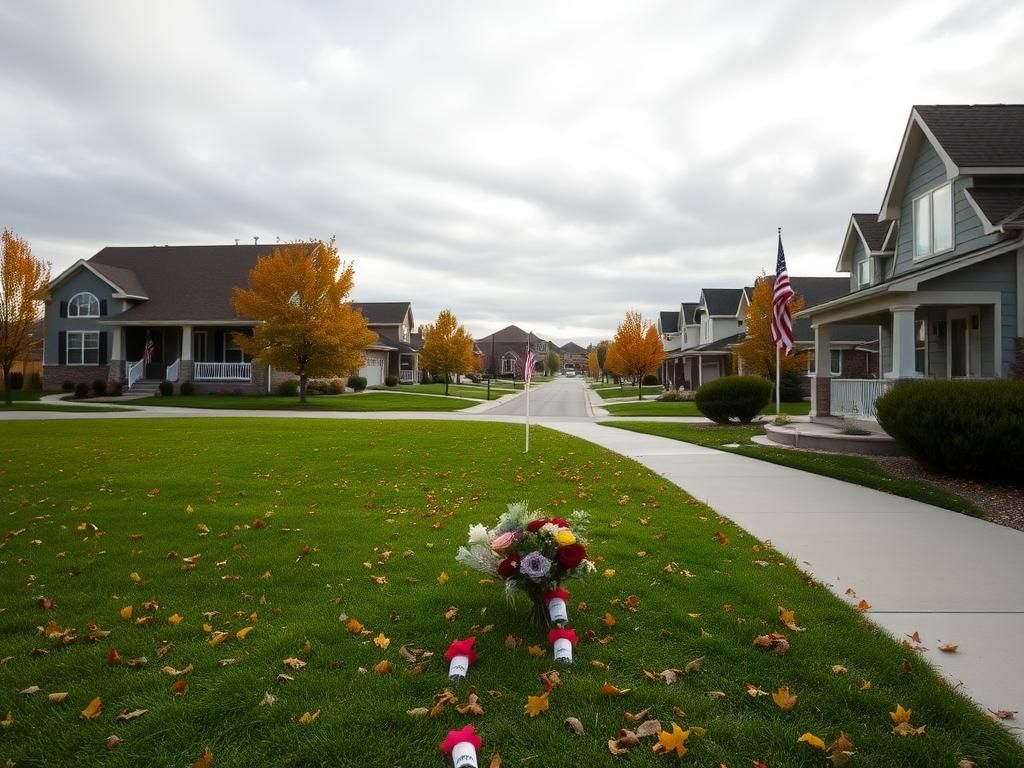 Flick International Serene suburban neighborhood in Washington County, Utah with autumn leaves and a front lawn memorial