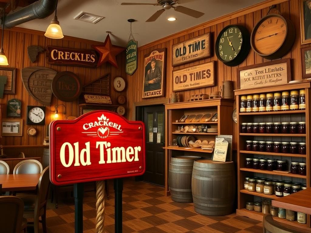 Flick International Cozy interior of a Cracker Barrel restaurant showcasing its Old Country Store aesthetic with 'Old Timer' sign