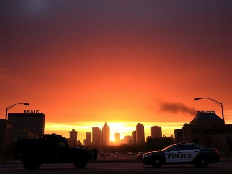 Flick International Sunset over Memphis showcasing an armored National Guard vehicle and police car