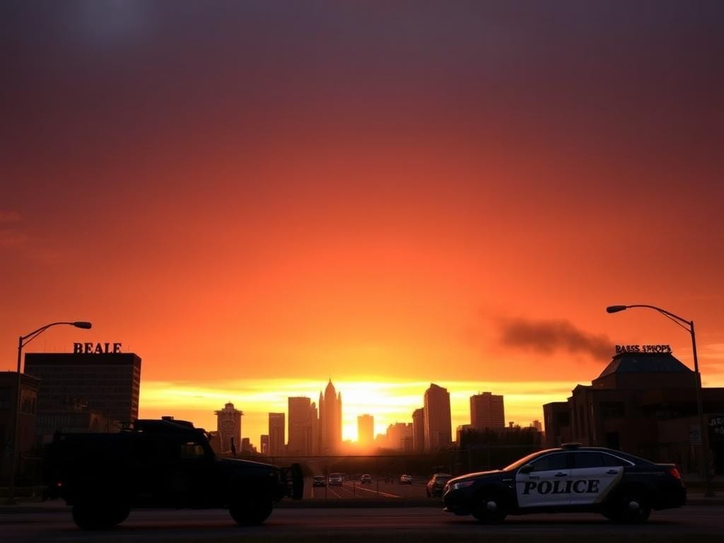 Flick International Sunset over Memphis showcasing an armored National Guard vehicle and police car