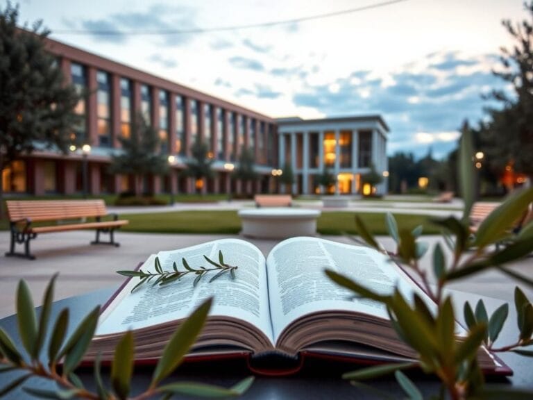 Flick International Serene college campus scene at dusk with an open book symbolizing dialogue