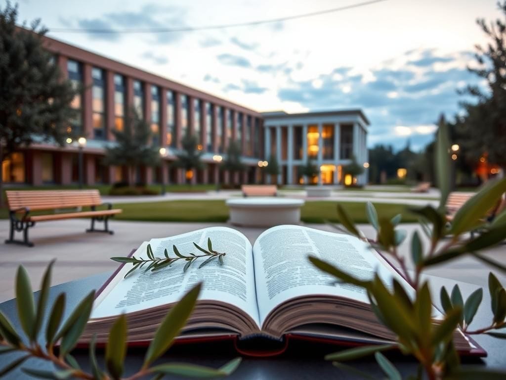 Flick International Serene college campus scene at dusk with an open book symbolizing dialogue