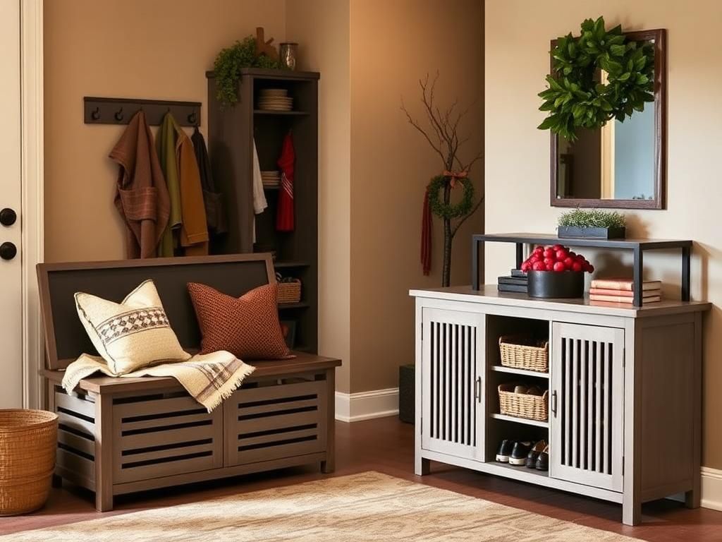 Flick International Cozy entryway scene with stylish storage bench and modern shoe cabinet