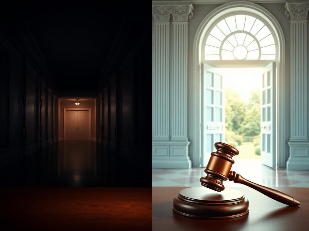 Flick International A split scene showing contrasting hallways in the U.S. Capitol, one dark and tense, the other bright and hopeful.