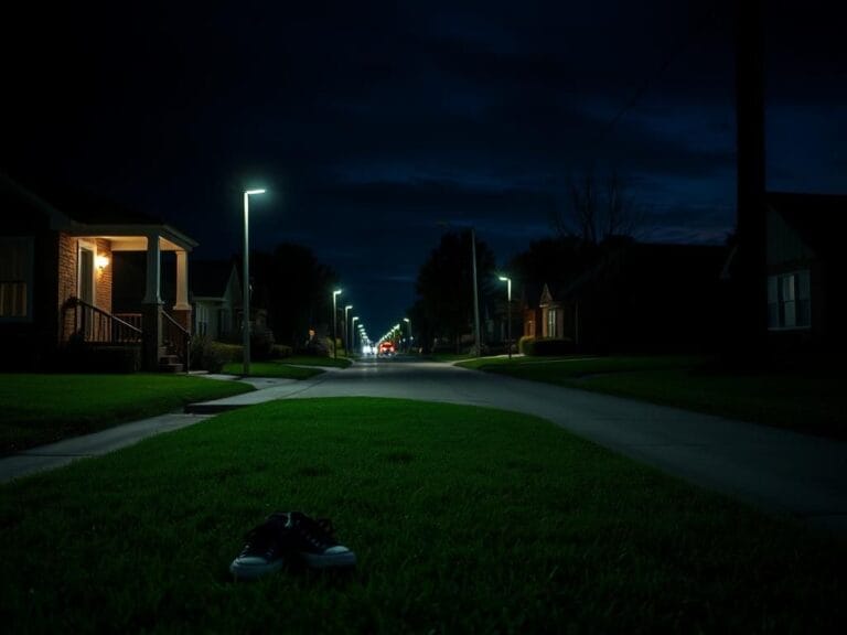 Flick International Suburban street scene in Houston, Texas, depicting a darkened house with a lit porch and abandoned sneakers on the grass