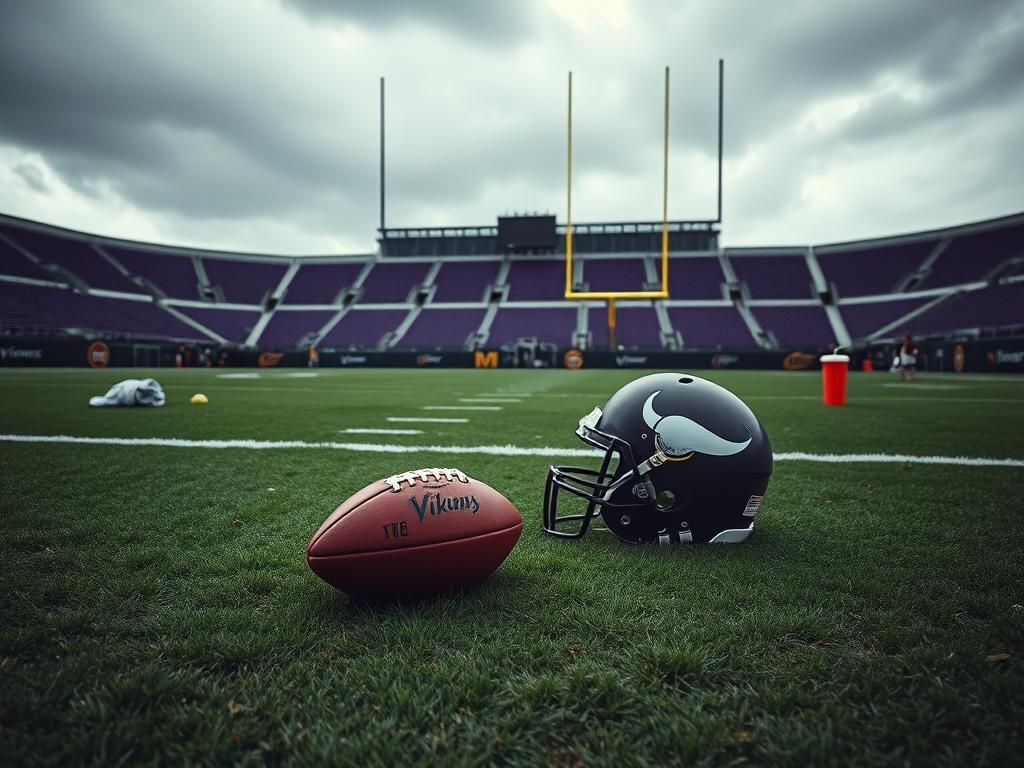 Flick International Abandoned football on a Minnesota Vikings field under overcast sky