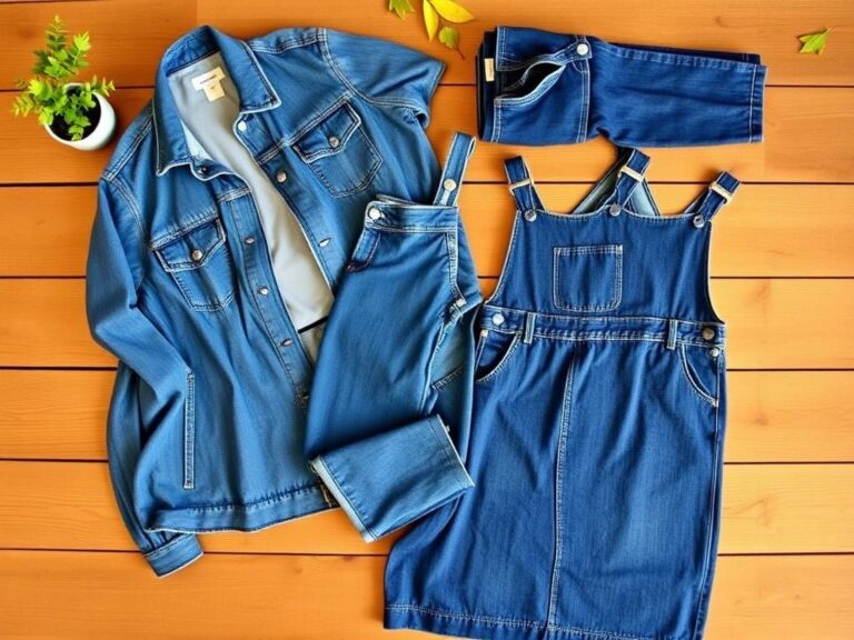 Flick International A vibrant flat lay of Amazon Essentials denim pieces including a blue jean jacket, straight-leg jeans, workwear jeans, and folded denim overalls on a wooden table.