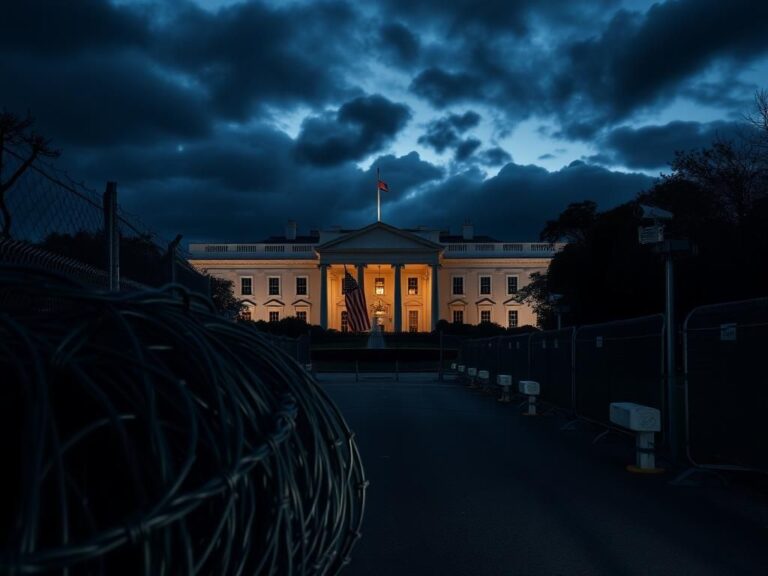 Flick International The White House surrounded by a chain-link fence with barbed wire at dusk