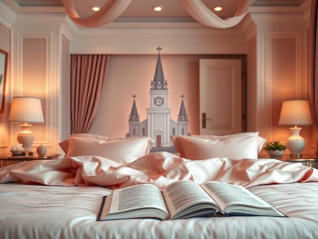 Flick International A serene fantasy suite showcasing luxurious bedding and an intricately designed Mormon temple silhouette in the background, symbolizing faith and tradition.
