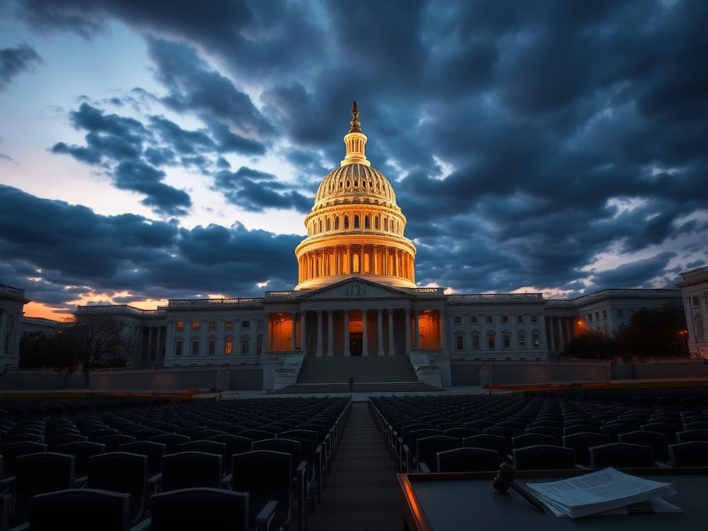 Flick International A grand view of the U.S. Capitol building at dusk with dramatic clouds symbolizing political tension