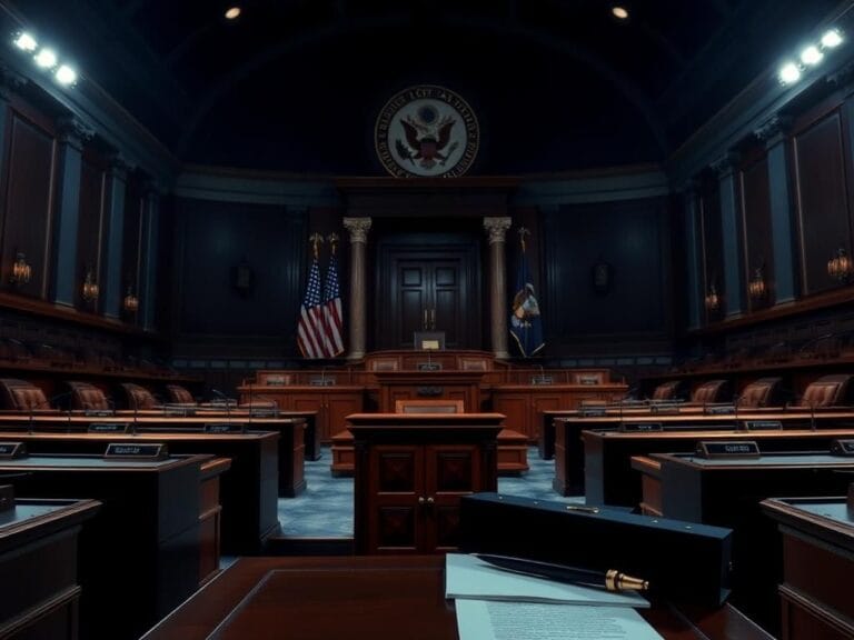Flick International Darkened empty Senate chamber highlighting political tension