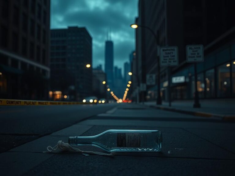Flick International A somber Chicago street scene at dusk with shattered glass and police tape