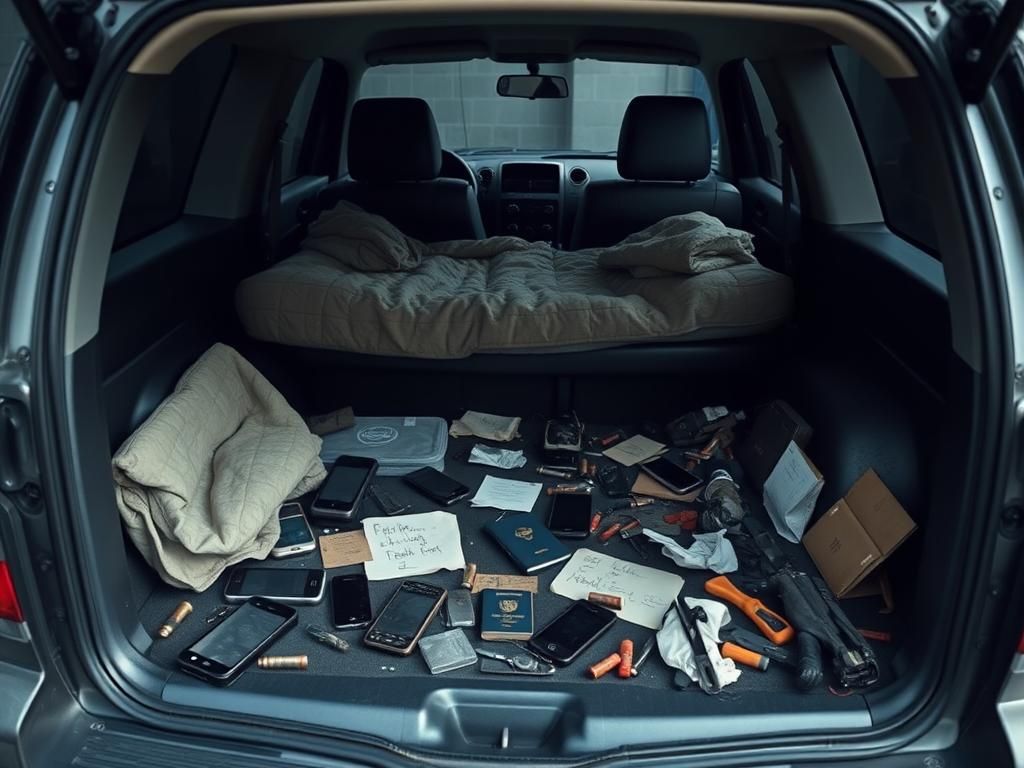 Flick International Cluttered interior of a black Nissan Xterra SUV filled with passports and phones