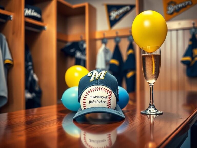 Flick International Locker room scene with Milwaukee Brewers cap and baseball honoring Bob Uecker