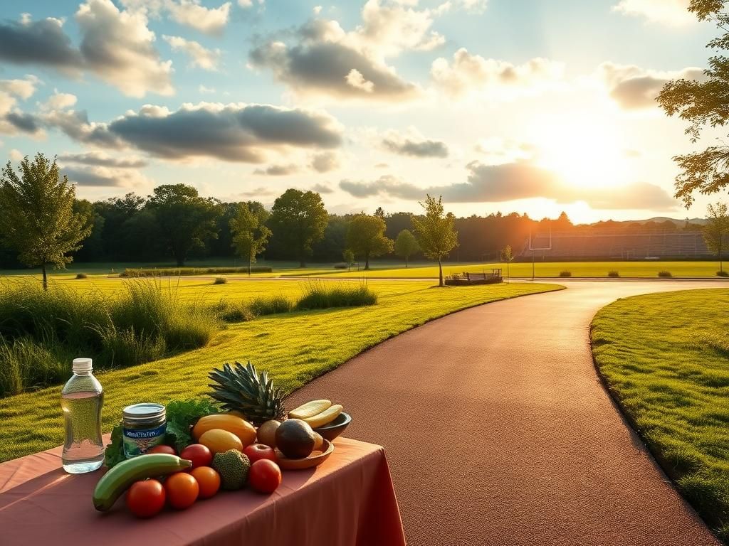 Flick International A serene jogging path in a lush green park with a healthy food display symbolizing a balanced diet.