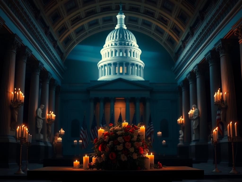 Flick International A beautifully decorated Statuary Hall inside the United States Capitol during a prayer vigil for Charlie Kirk, featuring ornate architecture and flickering candles.