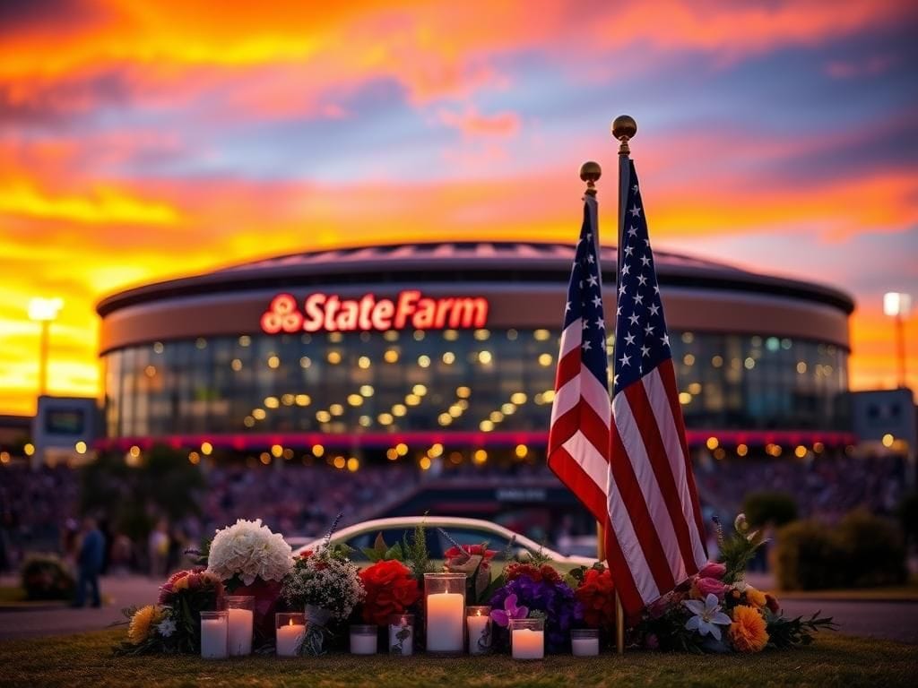 Flick International Wide-angle view of State Farm Stadium in Arizona during sunset with a memorial display in the foreground
