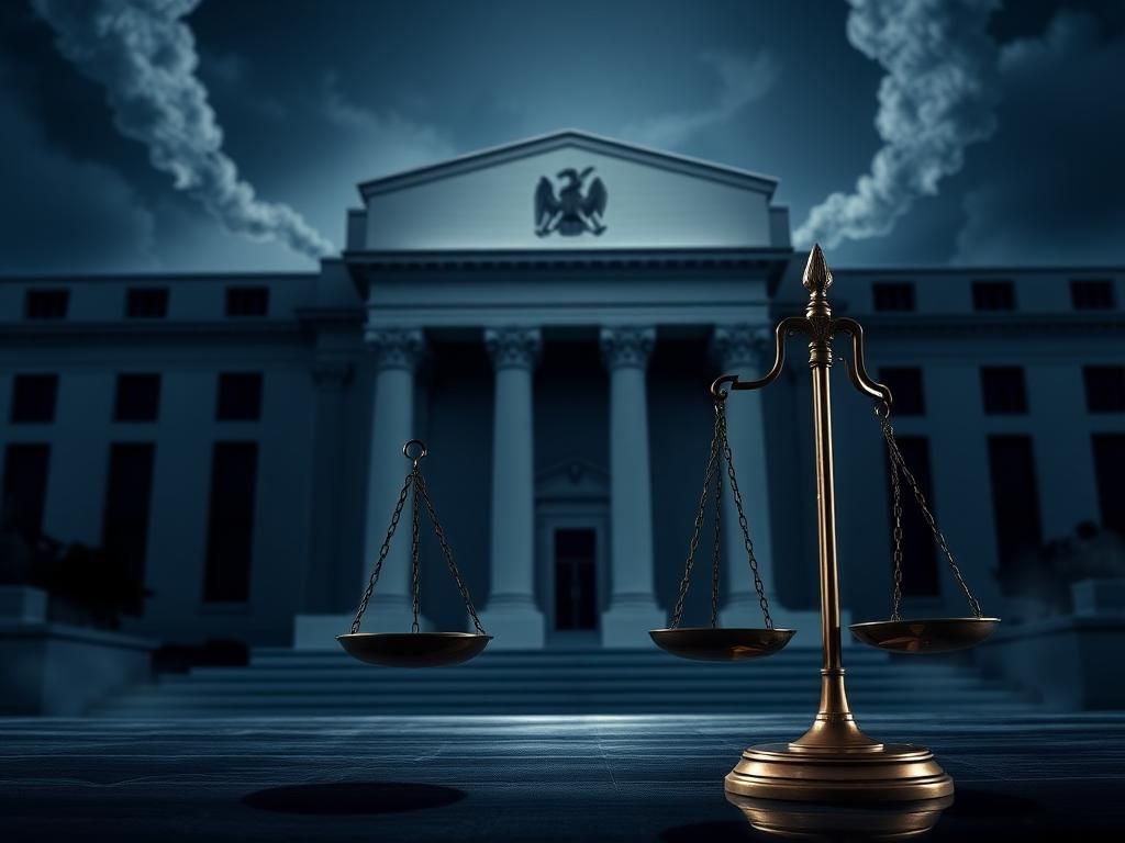 Flick International Dramatic courtroom scene with scales of justice and Federal Reserve imagery