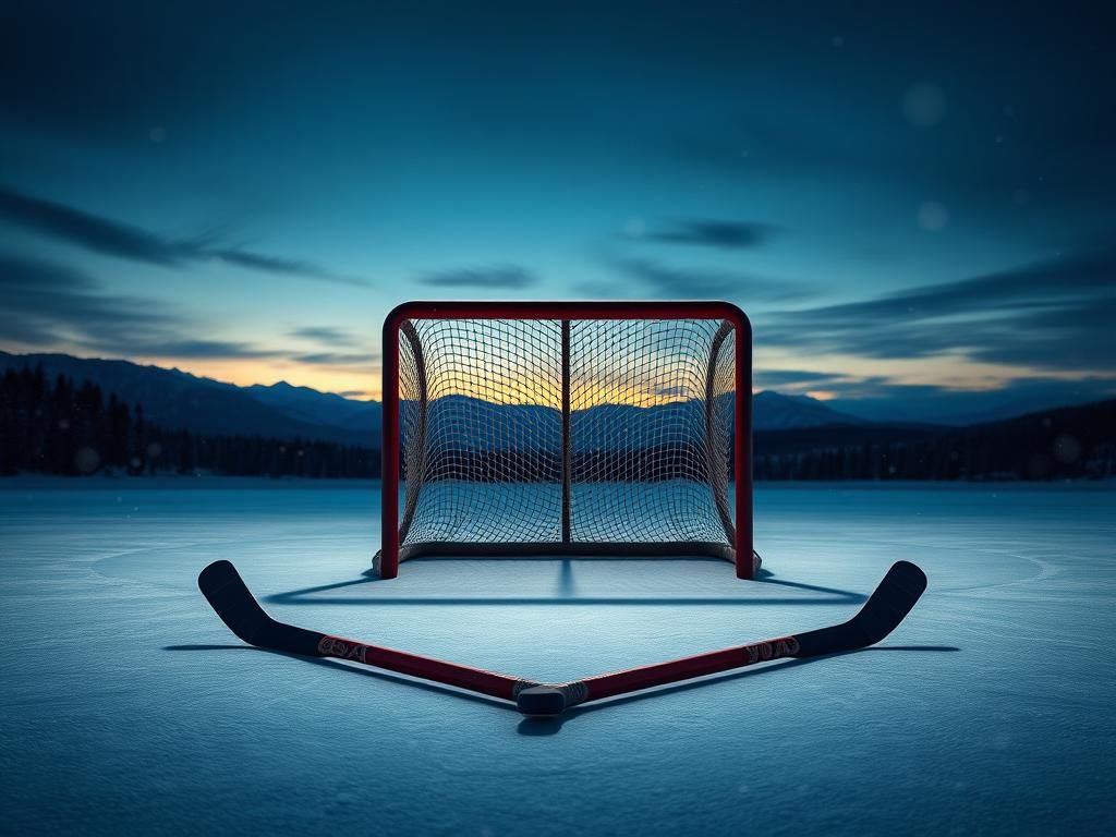 Flick International Vintage hockey goal and sticks on a frozen lake under a twilight sky, representing the 1980 Miracle on Ice USA hockey team