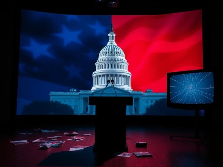 Flick International Abstract representation of the U.S. Capitol building in a dimly lit television studio
