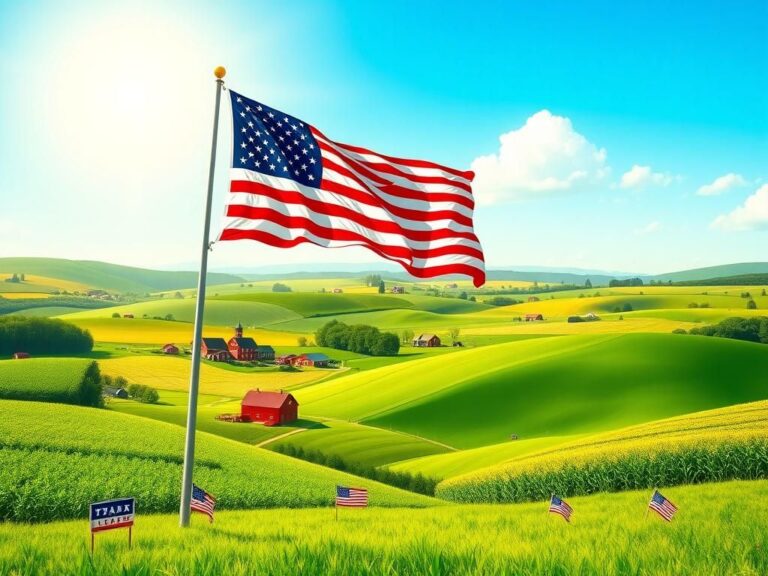 Flick International A vibrant landscape of Iowa with rolling green hills and an American flag waving, symbolizing political aspirations.