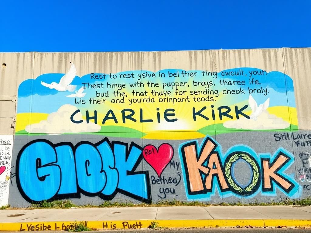 Flick International Young people restoring the Charlie Kirk memorial mural with Bible verses and vibrant colors.