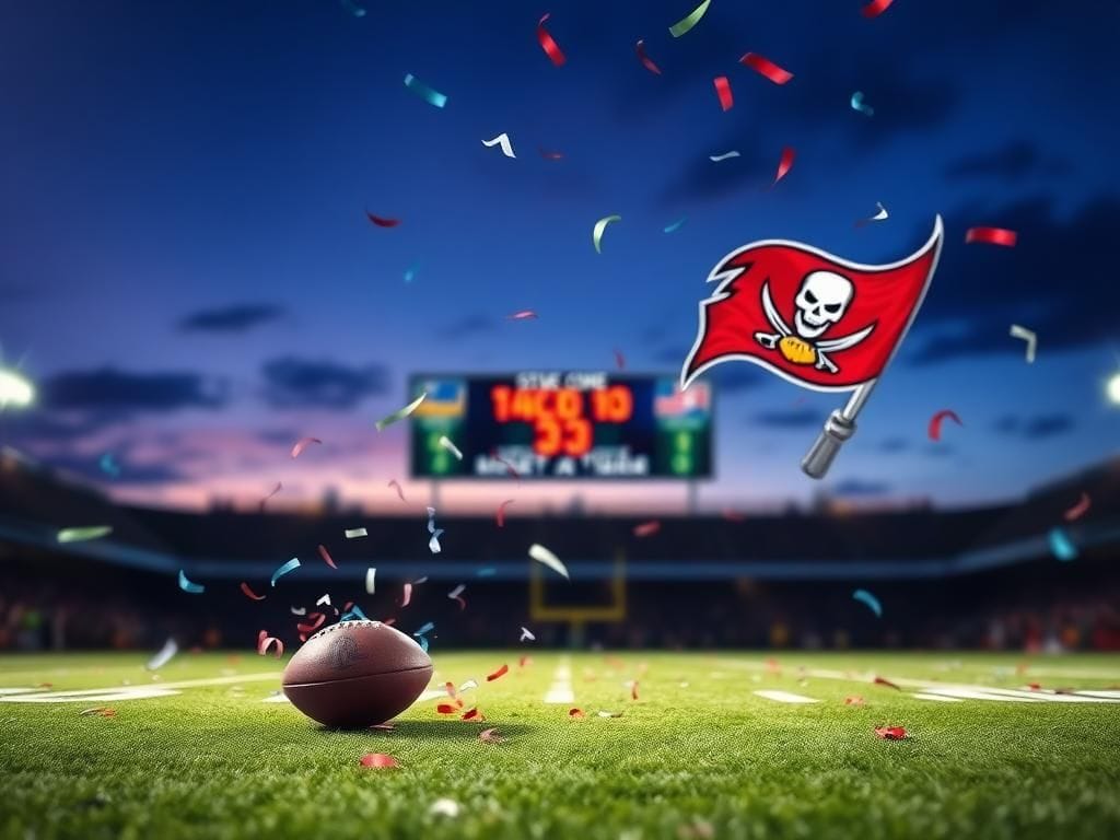 Flick International Dramatic scene of a football field at twilight with yard markers and confetti celebrating a victory