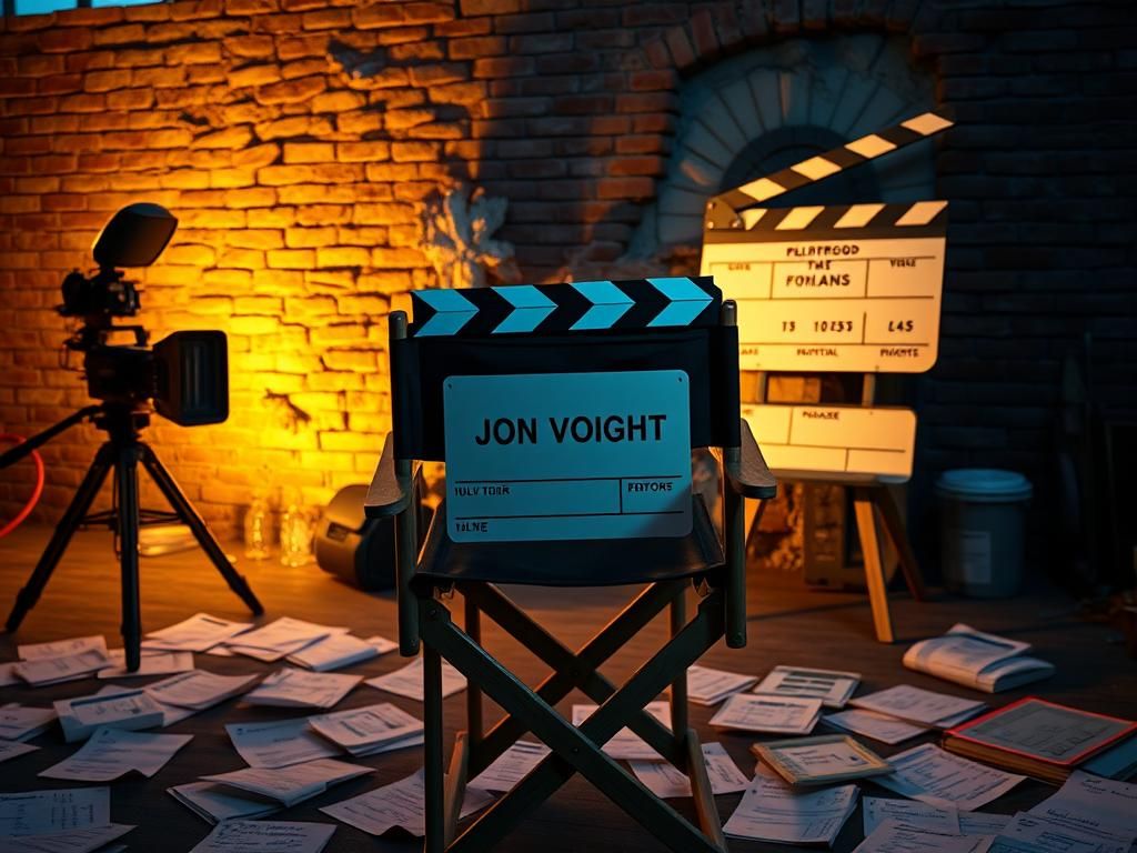 Flick International Empty director's chair with nameplate 'Jon Voight' and vintage film camera on a Hollywood set at dusk
