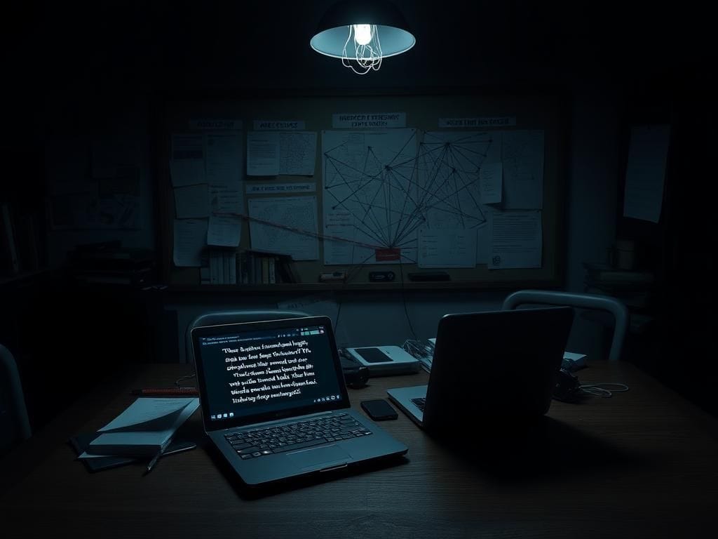 Flick International Dark, moody law enforcement scene with electronic devices displaying cryptic messages