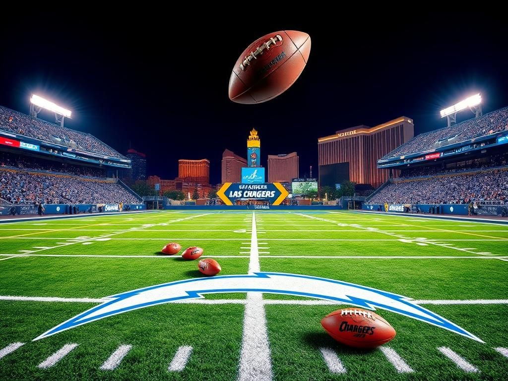 Flick International Los Angeles Chargers logo on vibrant football field during nighttime football game